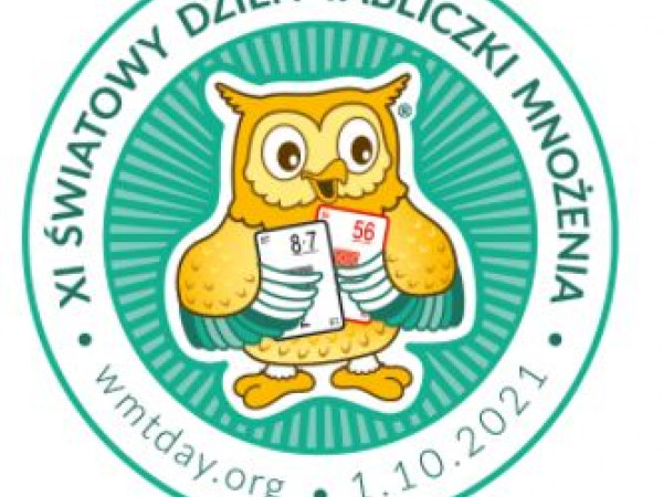 Grafika przedstawiająca logo XI Światowego Dnia Tabliczki Mnożenia czyli żółtą sowę na turkusowym tle