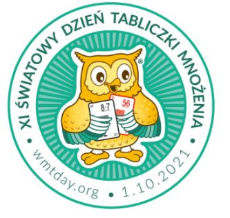 Grafika przedstawiająca logo XI Światowego Dnia Tabliczki Mnożenia czyli żółtą sowę na turkusowym tle